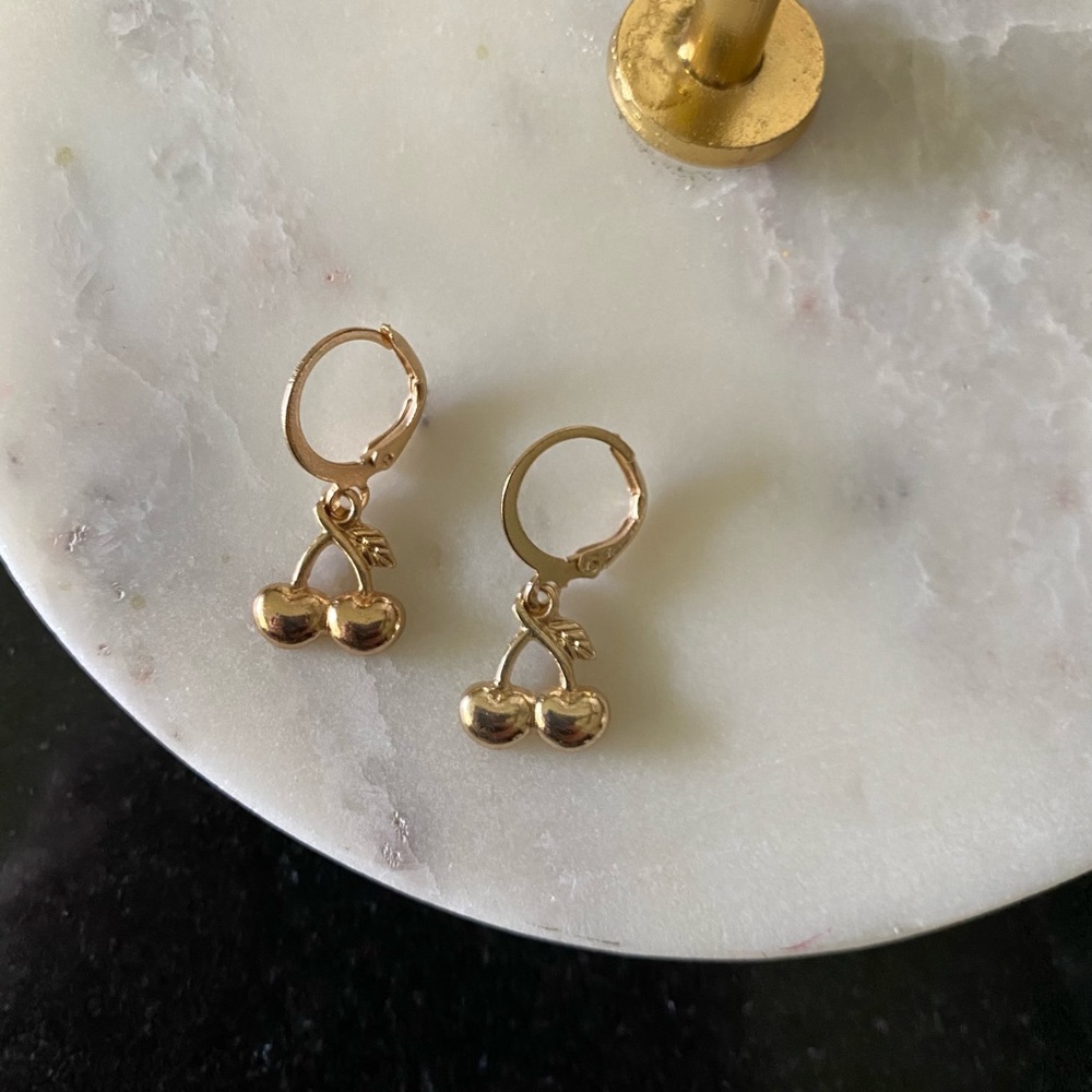 MAKE ME AND OFFER New Small Gold Cherry Drop Hoop Earrings